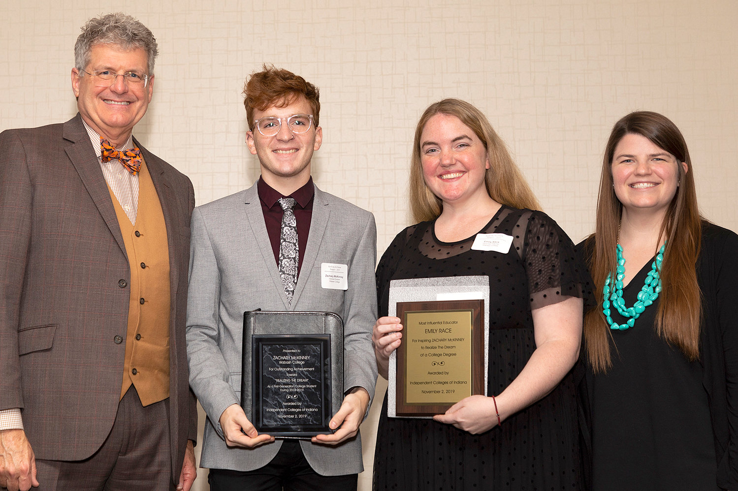 Pictured from left are David W. Wantz, Independent Colleges of Indiana president; Zachary McKinney ‘22; Emily Race, Crawfordsville High School teacher; and Sally Reasoner, Ascend Indiana Vice President of Talent Identification. On Nov. 2, McKinney received his “Realizing the Dream” award from the Independent Colleges of Indiana, a $3,000 scholarship. For being McKinney’s mentor, Race received a $1,000 professional development award.