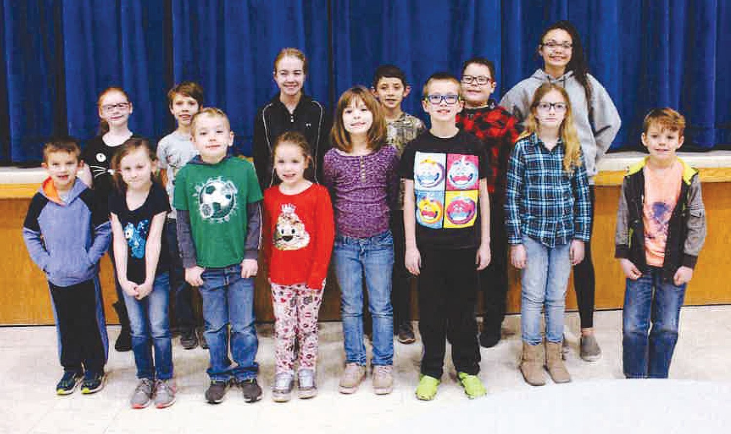 Students of the Month for November at Southeast Fountain Elementary School, are, from left, front row, Ben Ginter and Melanie Wolverton, kindergarten; Jacob Stocker and Lilly Roarks, first grade; Brooklyn Whitaker and Grant Nelson, second grade; and Faith Wadhams and Sebastien Phelps, third grade; and back row, Hayley Kler and Logan Cunningham, fourth grade; Damien Warrick and Olivia Jones, fifth grade; and Mackenzie Lewis and Raiden Plaza, sixth grade.
