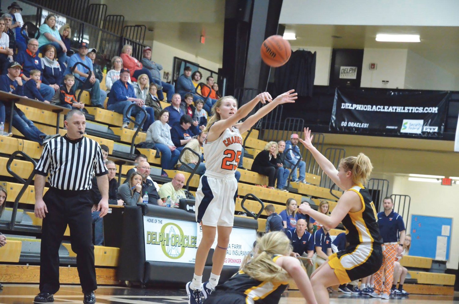 North Montgomery's Grace McClaskey takes a shot in the Chargers 42-18 championship loss to Pioneer.