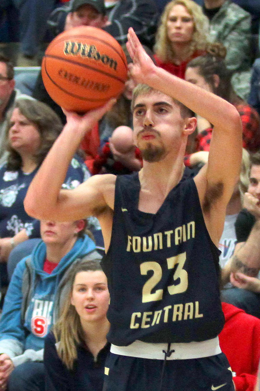 Colton Robinson of Fountain Central hits for three of his game-high 17 points in the second quarter.