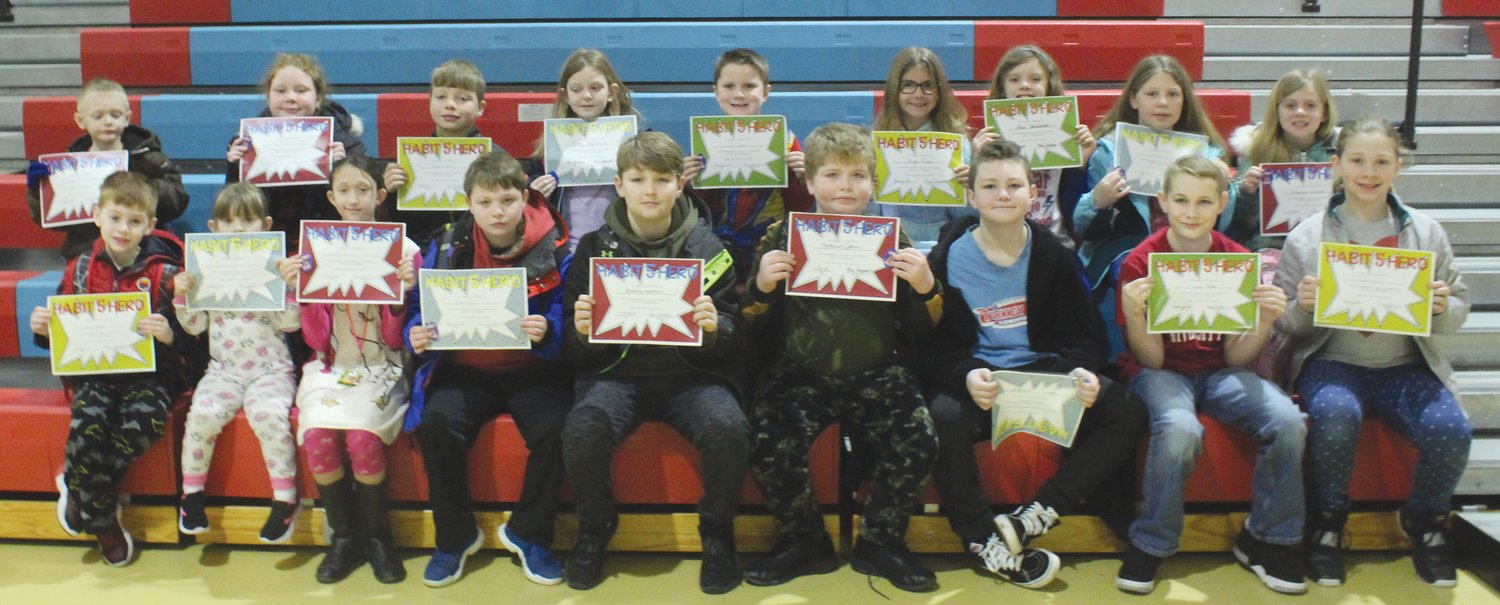 Habit Hero awards were presented to Turkey Run Elementary students who displayed the trait of Habit 5 — Seek First to Understand, Then to Be Understood. These students were selected by staff members. Receiving this award are, from left, front row, Finn Engle, Emma Portier, Lacy Flak, Aiden Cole, Bobby Wathen, Nathaniel Jones, Jackson Newlin, Logan Mathis and Carly Newnum; and back row, Benjamin Payton-Dukes, Addy Crum, Aden Puskac, Zoey Blystone, Cole Tidwell, Paige Rose, Hana Stonebraker, Jenna Newnum and Brookelynn Bennington. Not pictured is Maleigha Uplinger.