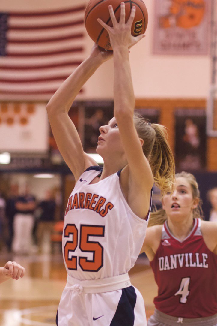 North Montgomery's Grace McClaskey looks to score in a 72-24 loss to Danville.