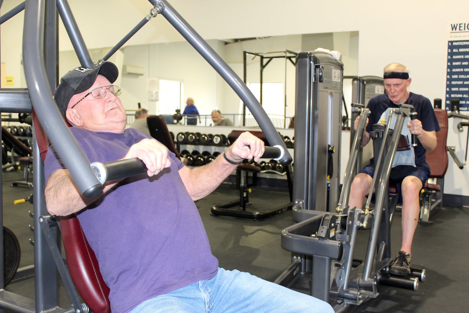 Staying young is a state of mind, according to Crawfordsville residents Ron Williams (left), 84, and Jack Shaffer, 70, who utilize the weight room at the Crawfordsville Community Center Monday. Williams, whose family has a history of diabetes, gives his workout and the Center credit for his ability to avoid the disease.
