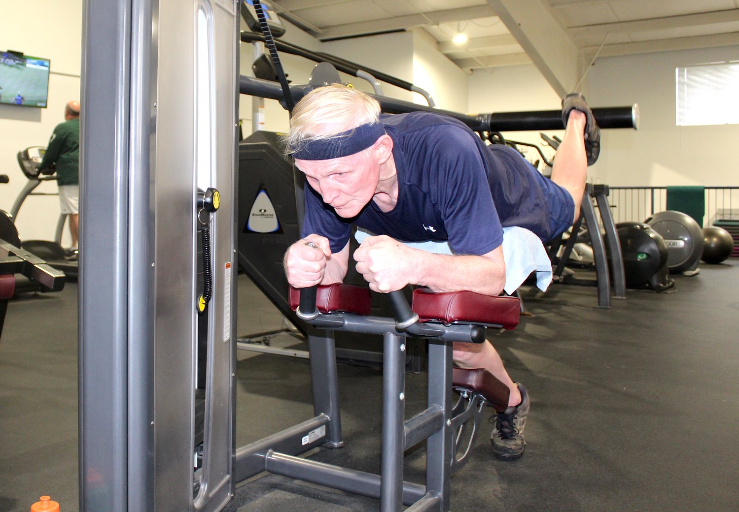 Jack Shaffer, 70, executes his Monday routine at the Crawfordsville Community Center. Originally from Pennsylvania, Shaffer made the move to Crawfordsville in 2007 after retiring from the construction industry to be closer to family and has stayed true to his six-days-a-week workout regimen since 2009.