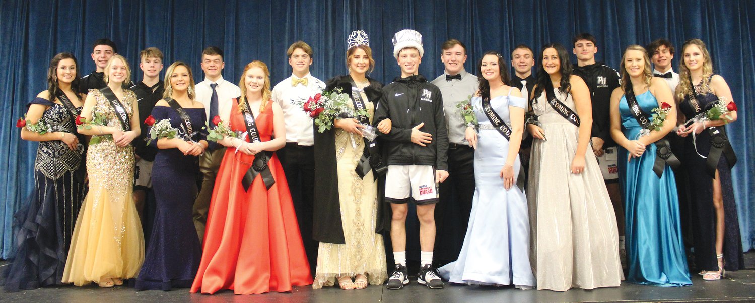 Parke Heritage High School held its Winter Homecoming on Jan. 18. Throughout the week, students at all four schools showed their spirit by participating in dress-up days. On Friday, a pep session was held in the high school gym. The Homecoming Court members participated in various activities.Between the JV and varsity basketball games, the Homecoming Coronation ceremony was held. Grace Kiefner and Lorenzo Tassi were named Queen and King. Following the game, the Homecoming dance topped off the Homecoming events. Homecoming Court members are, from left, front row, Stella Mrazik, Kristen Wood, Natalie Jones, Sydney Bigger, Grace Kiefner, Lorenzo Tassi, Maddie York, Karlie Jeffries, Evie Land and Alisha Thompson; and back row, Christian Johnson, Anthony Wood, Ty Buell, Jorden Wood, Christian Young, Nate Wittenmyer, Jaylen Crull and Max Sliz..