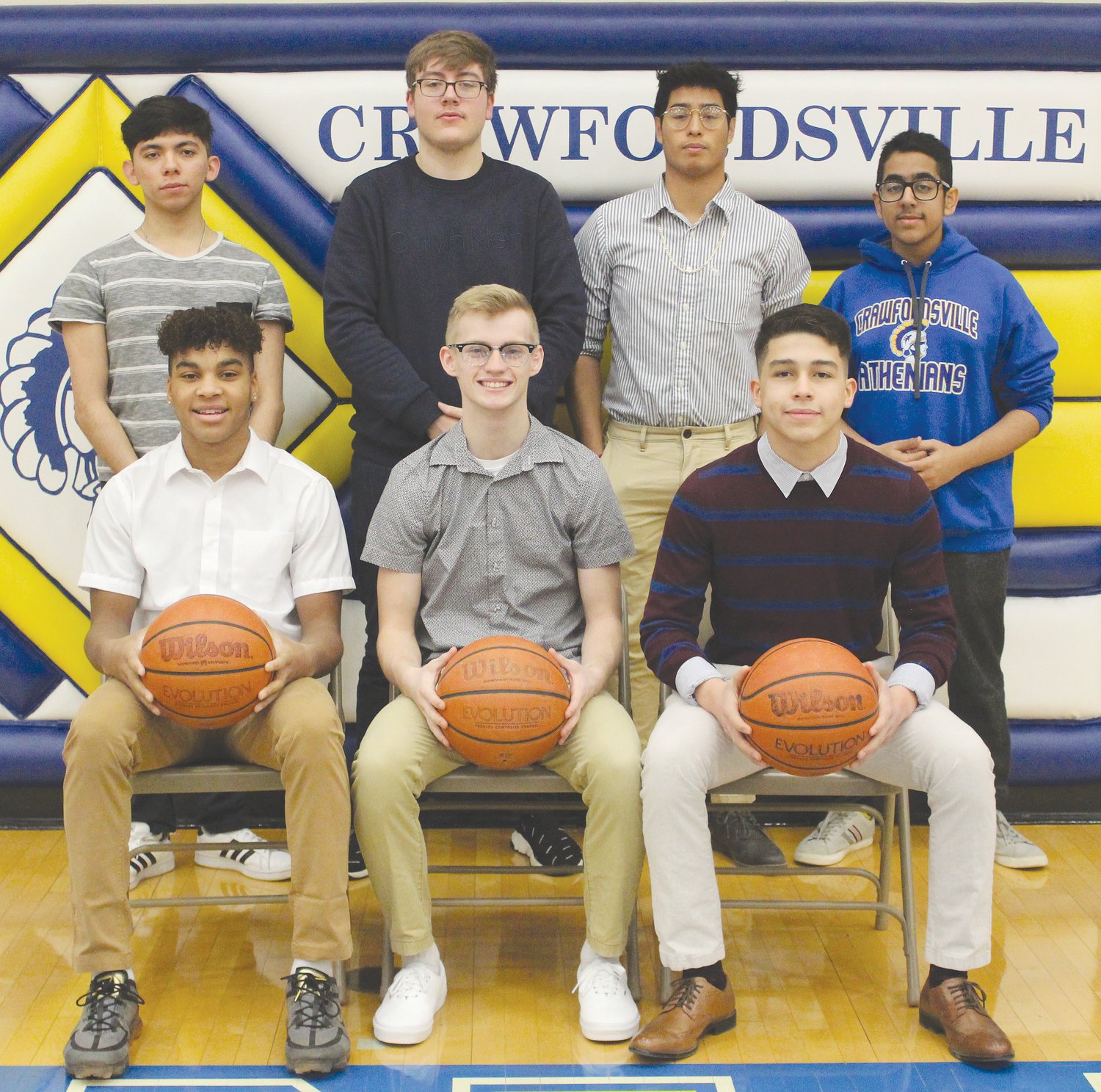 The 2020 Crawfordsville High School Snowcoming King candidates and attendants are pictured, from left, front row, freshman attendant Mikale Willis, junior attendant Andrew Martin, and sophomore attendant Edwin Gil Herrera; and back row, senior king candidates, Jesus Trevi