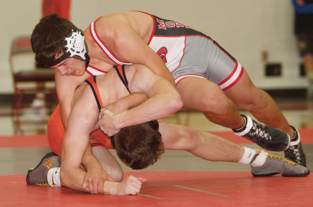 Southmont’s Evan Francis competes at 152 pounds in a match earlier this season