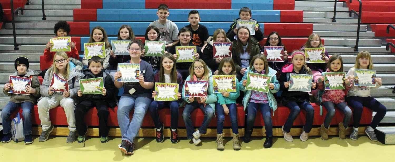 During their Monday morning meeting, Turkey Run Elementary students were recognized for displaying Habit 6 — Synergize, Working Together is Better as a part of their Leader in Me program. “Habit Hero” awards were presented to students who displayed this trait. These students were selected by staff members. Receiving this award were front row, Axel Irelan, Hadley Grubbs, Matthew Evans, Makayla Canfield, MacKenzie Reath, Summer Townson, Brinley McCoy, Emma Weise, Haliana Sowers, Lorie Reynolds and Morrissa Brown; middle row, Nate Reid, Mackenzie Gillogly, Ashlyn Gillogly, Lorelei Long, Cade Hoover, Addison Ramsay, Ella Norman, Mia Bowles and Aubrey Geneau; and back row, Carter Crum, Brayden Goodwin and Roger Wirth.