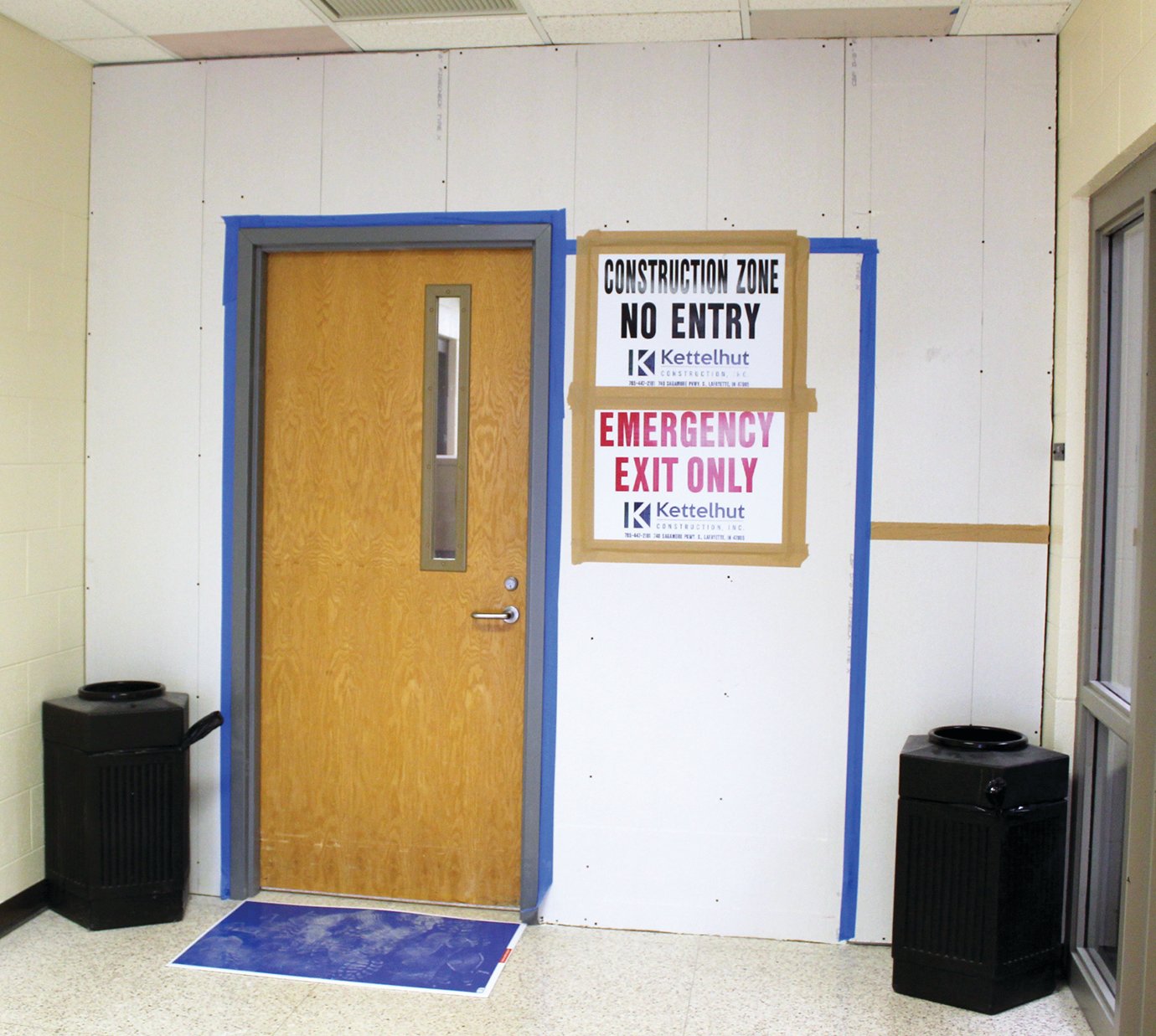 A temporary wall indicating a work area at Crawfordsville High School blocks unauthorized persons from entering in the northeast hall of the 27-year-old building.