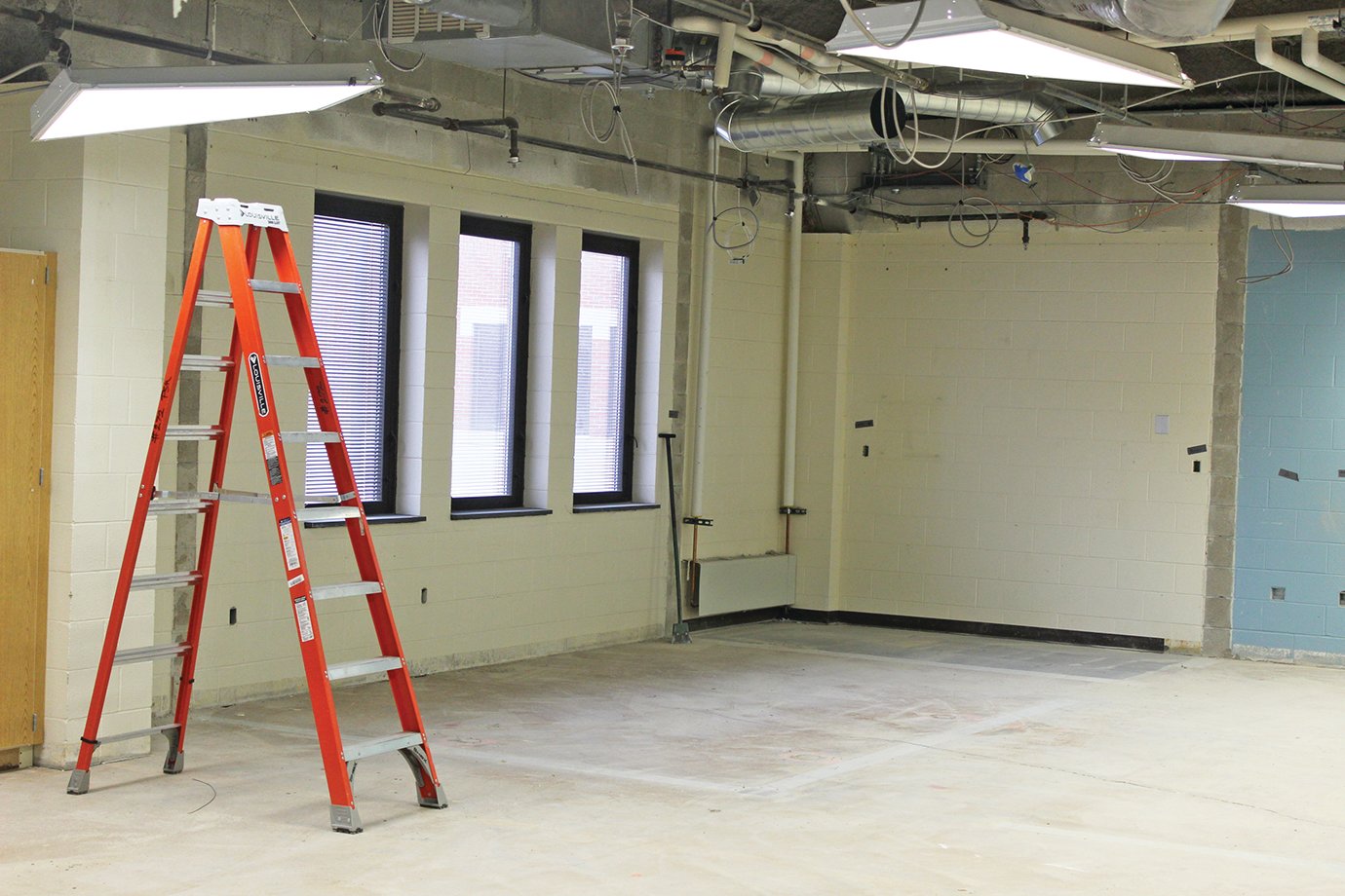 The drama room at Crawfordsville High School, in the northwest wing, awaits further renovation for its former vocal booths.