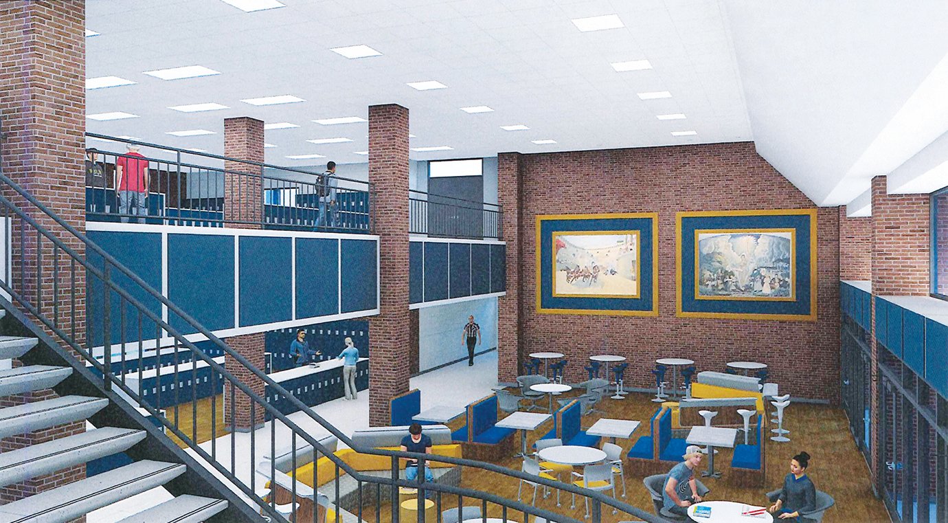 The locker section at Crawfordsville High School will be transformed into a student area with booths, tabled and shorter lockers on two floors to increase transparency and security while adding a level of comfort for students.