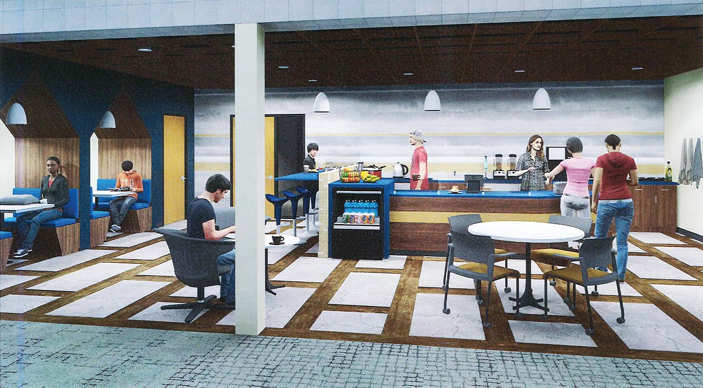 A rendering of the upcoming cafe adjacent to the media center at Crawfordsville High School depicts students enjoying a relaxed setting while preparing for the day ahead.