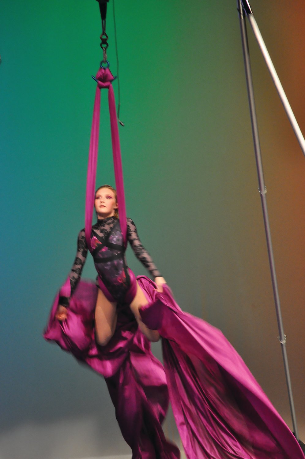 Dericka Jeffers, winner of MoCo's Got Talent for Scholarships, performs an aerial silks routine Saturday at Crawfordsville High School. The competition was a fundraiser for the school's alumni association, which gave $500 scholarships to four Crawfordsville seniors last year.