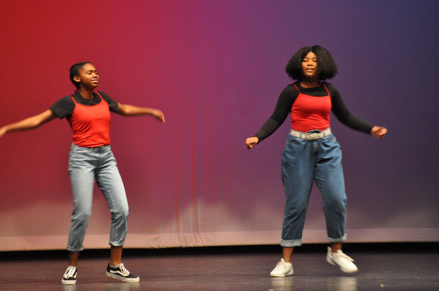 Kazziah Hayes and Domminique Hall perform a rendition of 1990s R&B star Montell Jordan's "This Is How We Do It" Saturday in the MoCo's Got Talent for Scholarships competition at Crawfordsville High School. The group received honorable mention at the alumni association fundraiser.