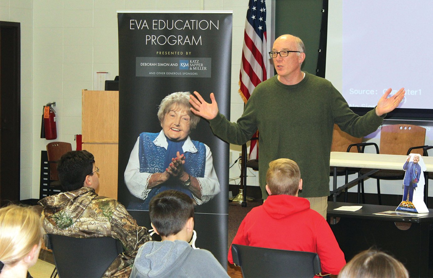 Filmmaker Ted Green, of Ted Green Films, LLC., explains what the Eva Education Program's virtual reality presentation will be like to middle school students before allowing them to experience a virtual tour of Auschwitz using Google Goggles, Monday at Southmont High School.