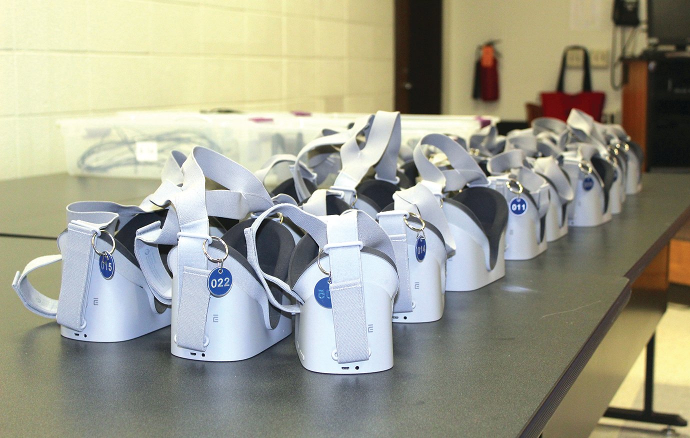 Several sets of Google Goggles await students and administrators who took part in the Eva Education Program on Monday at Southmont High School. Representatives of WFYI Indianapolis and CANDLES Holocaust Museum and Education Center in Terre Haute are traveling to high schools around the state with the visual tech to educate students about the Holocaust.