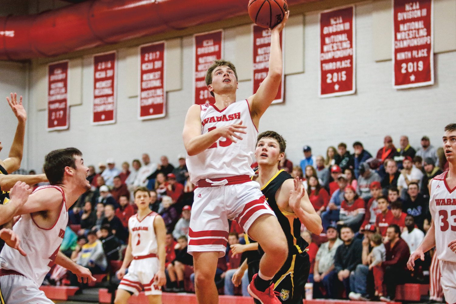 Tyler Watson drives in for a bucket. The sophomore from Tri-West had 13 points in the 71-64 Wabash win over DePauw.
