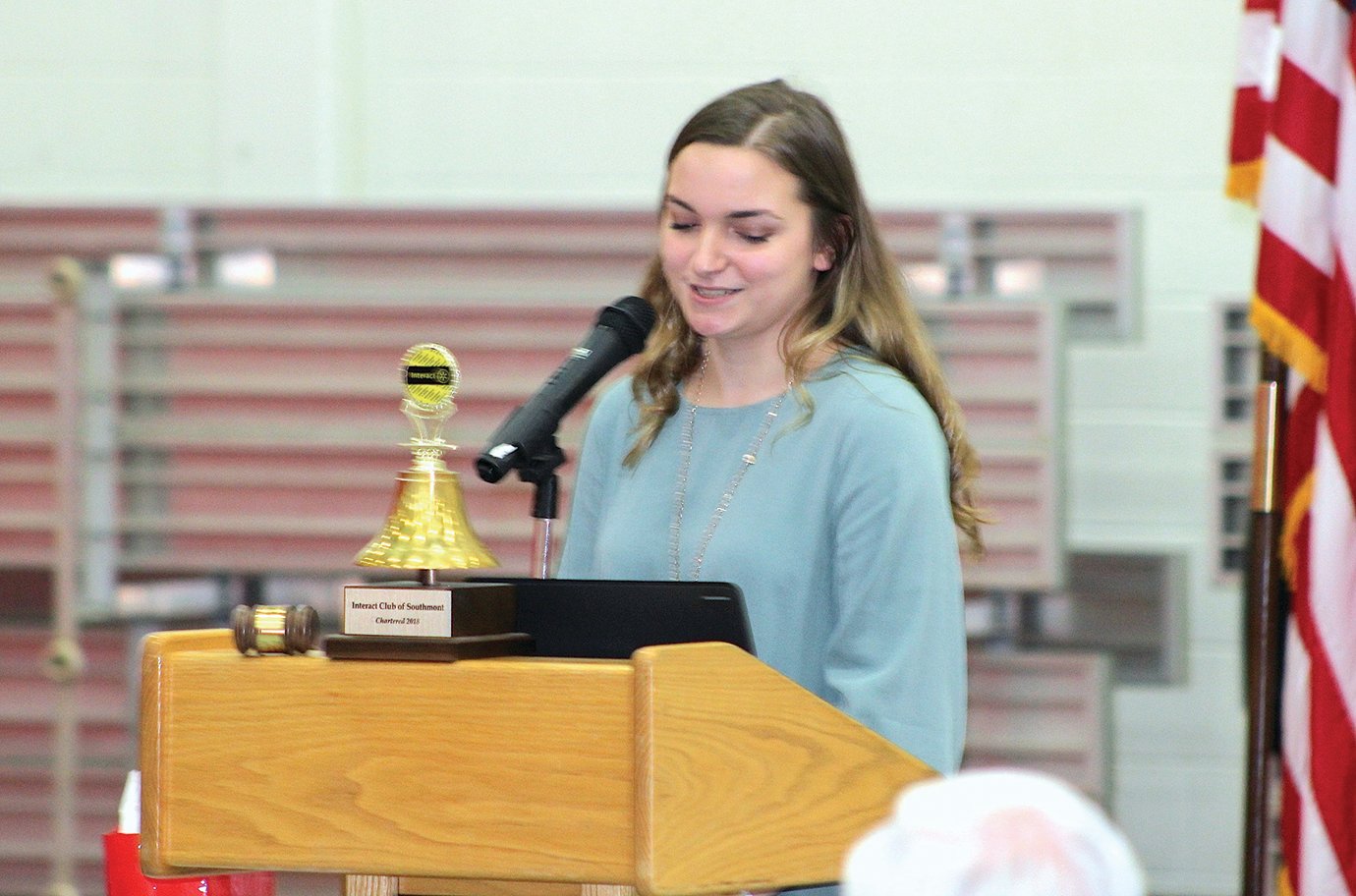 Southmont senior and Student Rotarion President Elizabeth Truncone opens proceedings Wednesday in the fieldhouse at Southmont High School. Truncone is one of 60 Southmont students to join Crawfordsville Rotary's Interact Club.