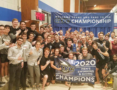 The University of Indianapolis men's swimming and diving team celebrates their third straight Great Lakes Valley Conference championship at the Crawfordsville Aquatics Center.