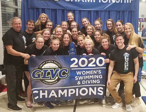 Drury University's women's swimming and diving team celebrates their fourth straight Great Lakes Valley Conference championship at the Crawfordsville Aquatics Center.