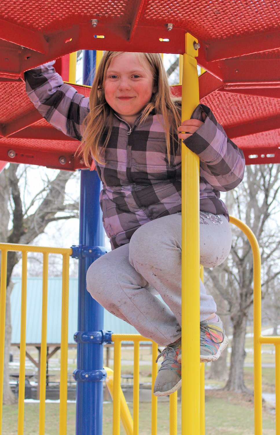 Caydence Ray, 8, a Turkey Run Elementary student who had Presidents Day off, climbs the playground adjacent to the skate park at Milligan Park on Monday.