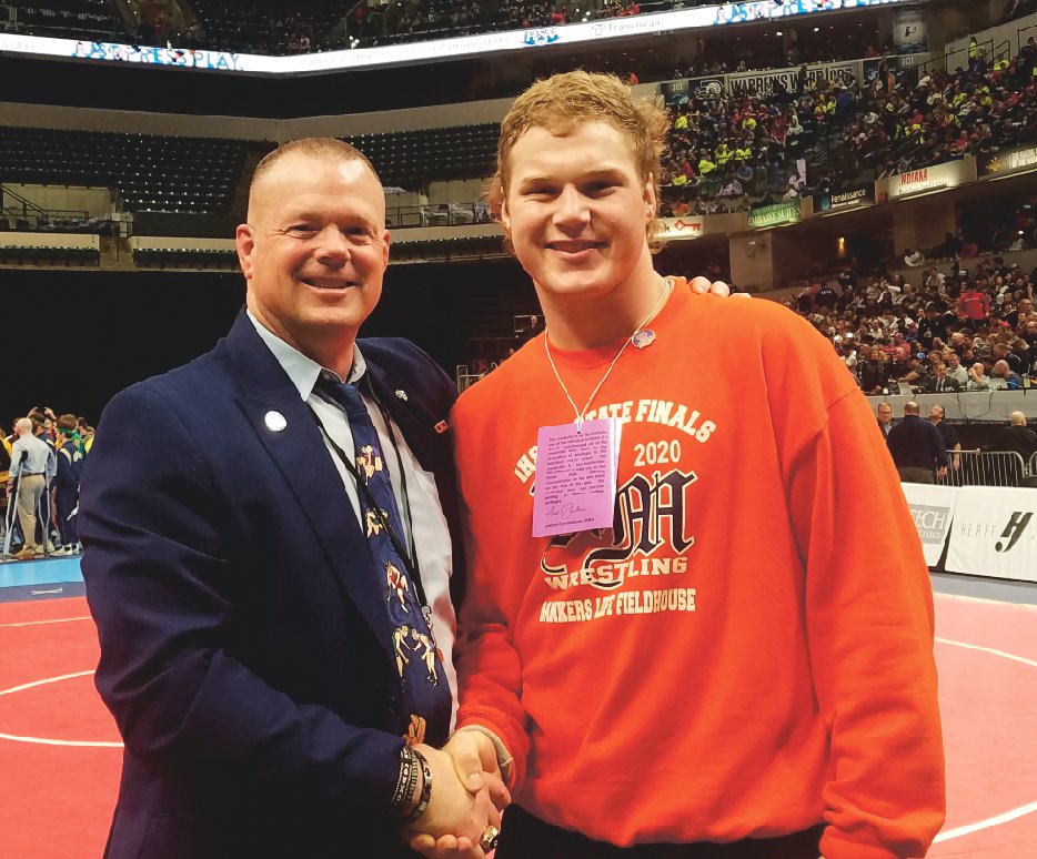North Montgomery senior Drew Webster received an IHSAA Sportsmanship pin at the wrestling state finals on Saturday.