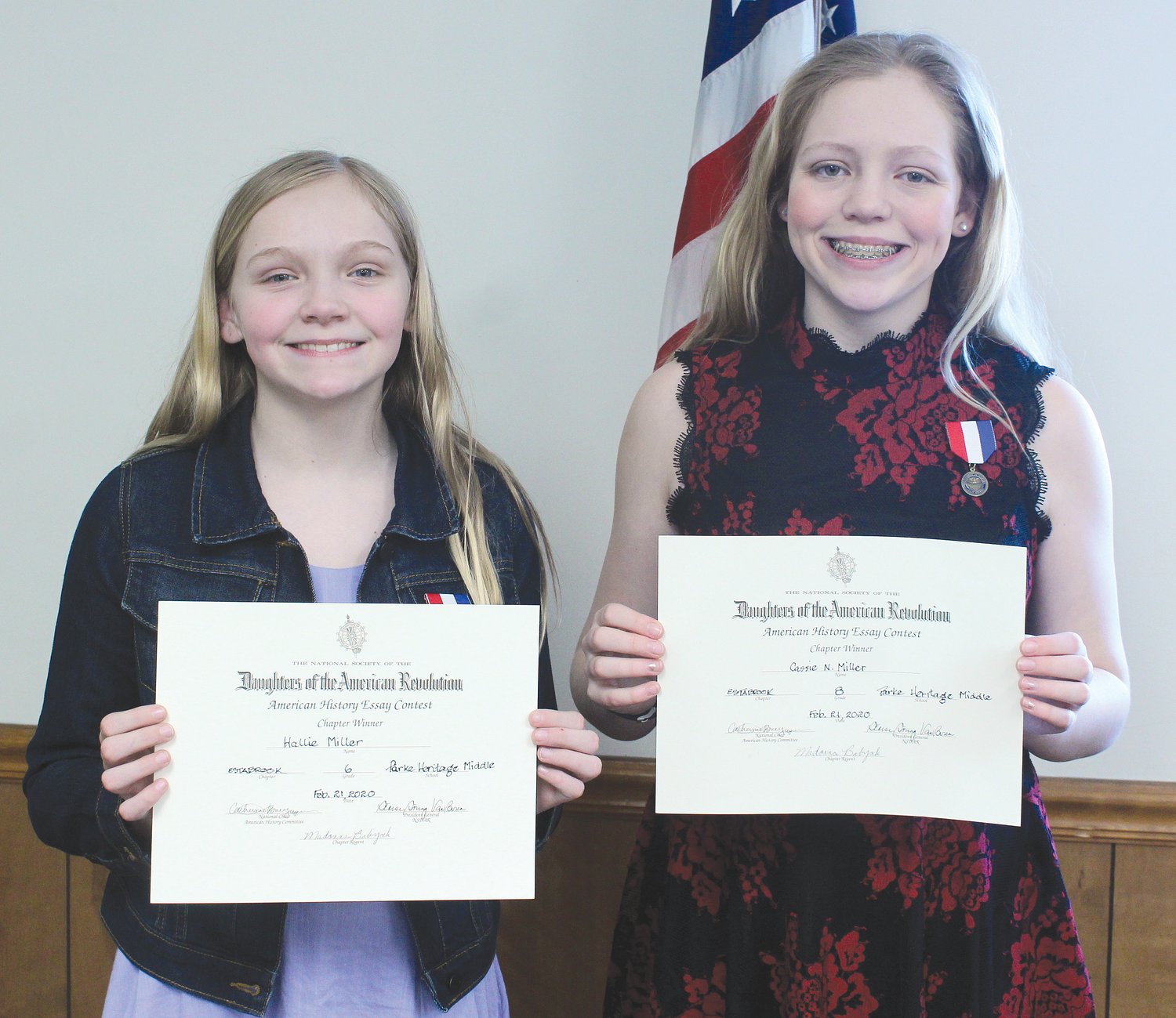 The members of the Daughters of the American Revolution organization recognized the winners of their essay contest in a special ceremony Feb. 21 at the Parke County fairgrounds meeting room. Grade winners were sixth grade, Hallie Miller, and eighth grade, Cassie Miller, both of Parke Heritage Middle School. The essay topic was ”The Voyage of the Mayflower.” The essays advanced to the state level. Both Hallie and Cassie placed second in the state and will be honored at a banquet May 17 in Indianapolis. Pictured are Hallie, left, and Cassie are the daughters of Matt and Melanie Miller of Tangier.