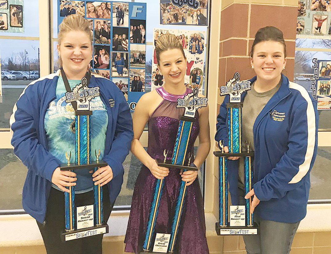 Crawfordsville's Dynamic Expression show choir recently participated in the Franklin Community Showfest 2020. During the solo competition, Crawfordsville High School had 13 soloists who competed. Out of 58 soloists from three states, Crawfordsville swept the top three spots. Pictured from left are Gracie Leonard, second runner-up; Reagan Minnette, grand champion; and Annie Wilson, first runner-up.