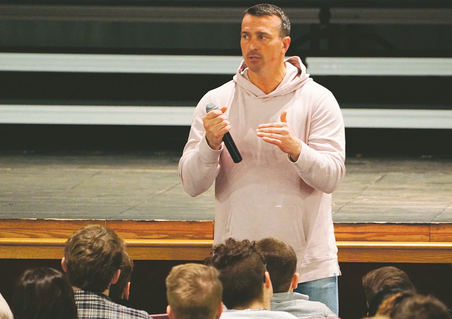 Former NBA player Chris Herren speaks to a group of students at Southmont High School on Wednesday about drug addiction and substance abuse and recovery. He has been sober for almost 12 years after a lifelong battle with drug and alcohol abuse.