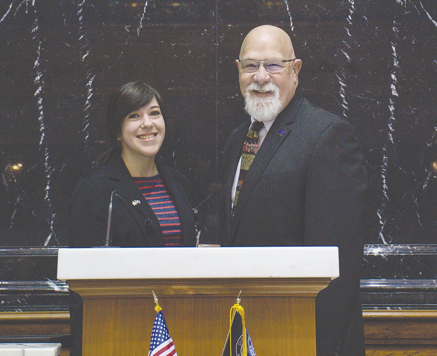 Southmont graduate Erika Belle Adams, left, joins State Rep. Tim Brown (R-Crawfordsville) in the House Chamber at the Indiana Statehouse on Wednesday. Adams is interning with the House of Representatives during the 2020 legislative session.