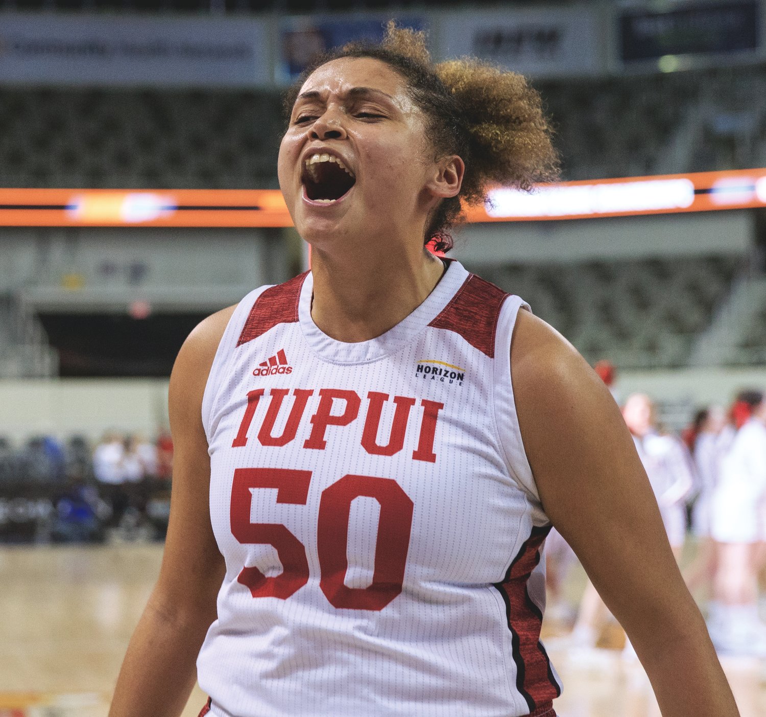 Macee Williams celebrates after a big moment in IUPUI's semifinal win over Cleveland State in the Horizon League tourney.