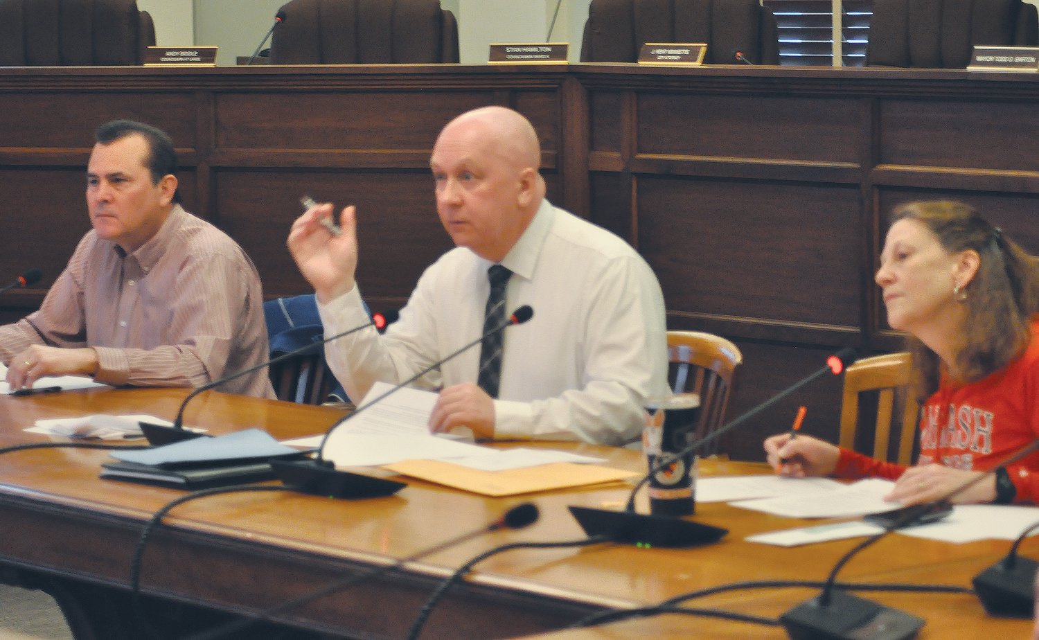 Crawfordsville Mayor Todd Barton, center, speaks during the Board of Public Works and Safety meeting Wednesday alongside board members Erin Corbin and Susan Albrecht in the City Building. The city declared a public health emergency due to the coronavirus (COVID-19) outbreak.