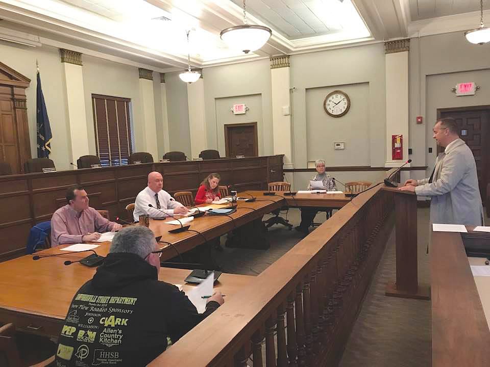 City attorney Kent Minnette explains a public health emergency declaration to members of the Board of Public Works and Safety, street commissioner Scott Hesler and clerk-treasurer Terri Gadd Wednesday in the City Building.