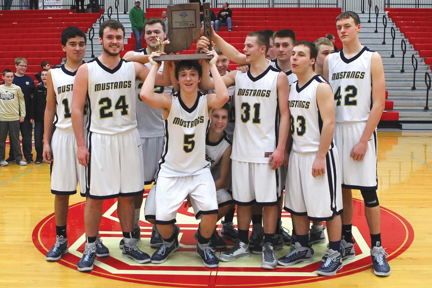The Fountain Central team play around with the sectional trophy after they defeated Seeger in the 2015 sectional championship.