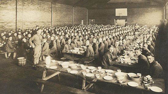 Cadets are pictured in the Student Army Training Corps mess hall at Wabash College in 1918. The Spanish flu epidemic sickened many in the ranks.