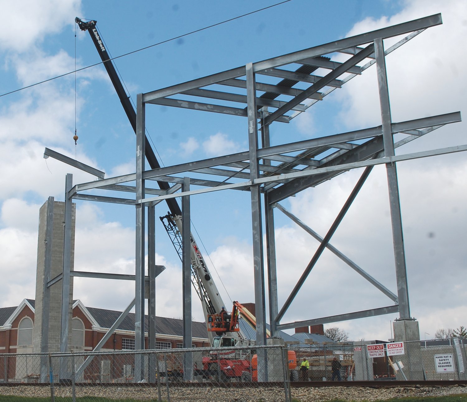 Steel was being set on Wednesday afternoon as construction of the new Wabash Football Stadium continues, and is on scheduled for completion by the Little Giants home opener against Rose Hulman on Sep. 5.