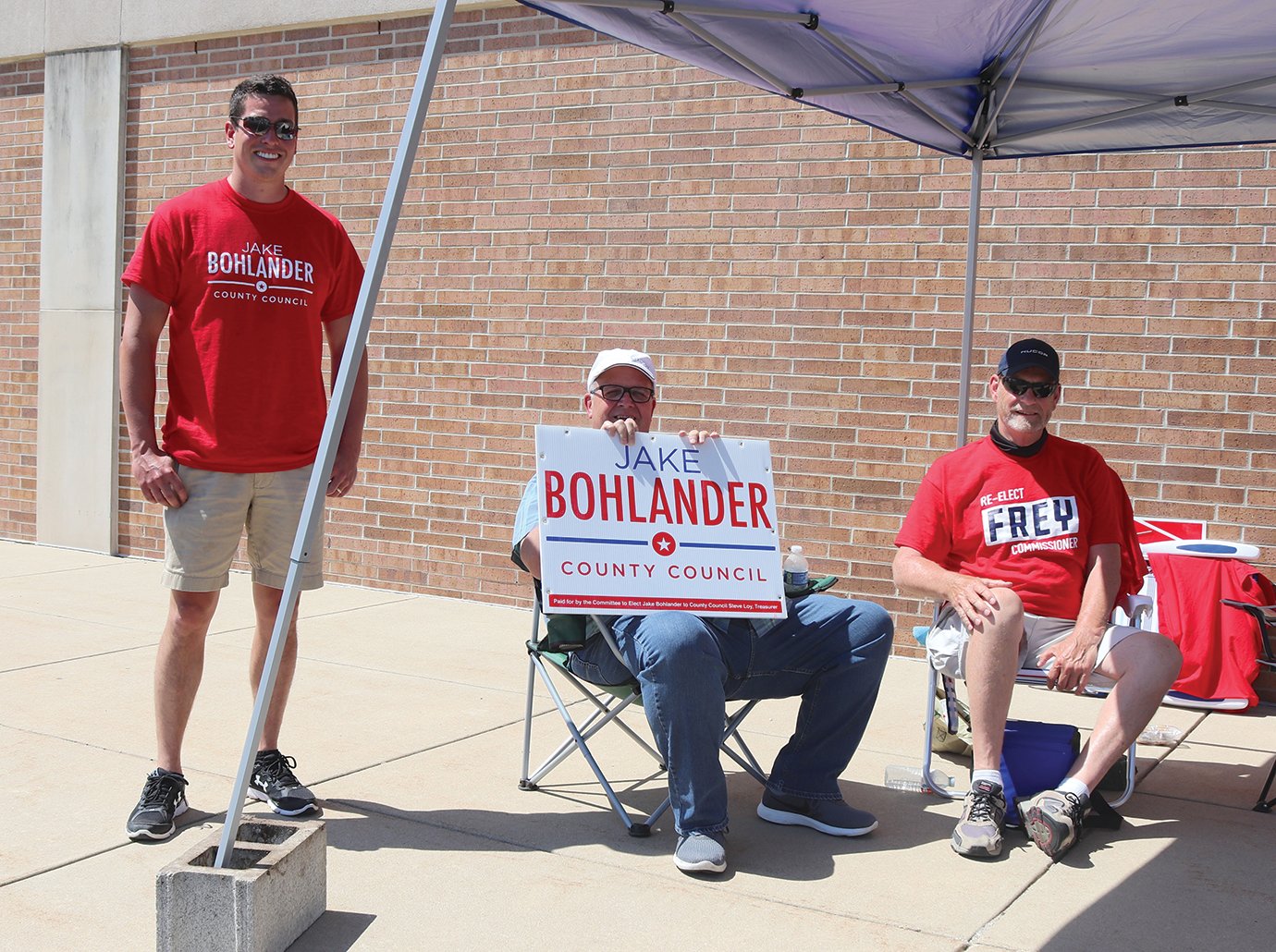 County council candidate Jake Bohlander, from left, completes his 2020 campaign by greeting voters at the polling center at Southmont High School on Tuesday alongside supportes Bob Cox and Ron Dickerson.