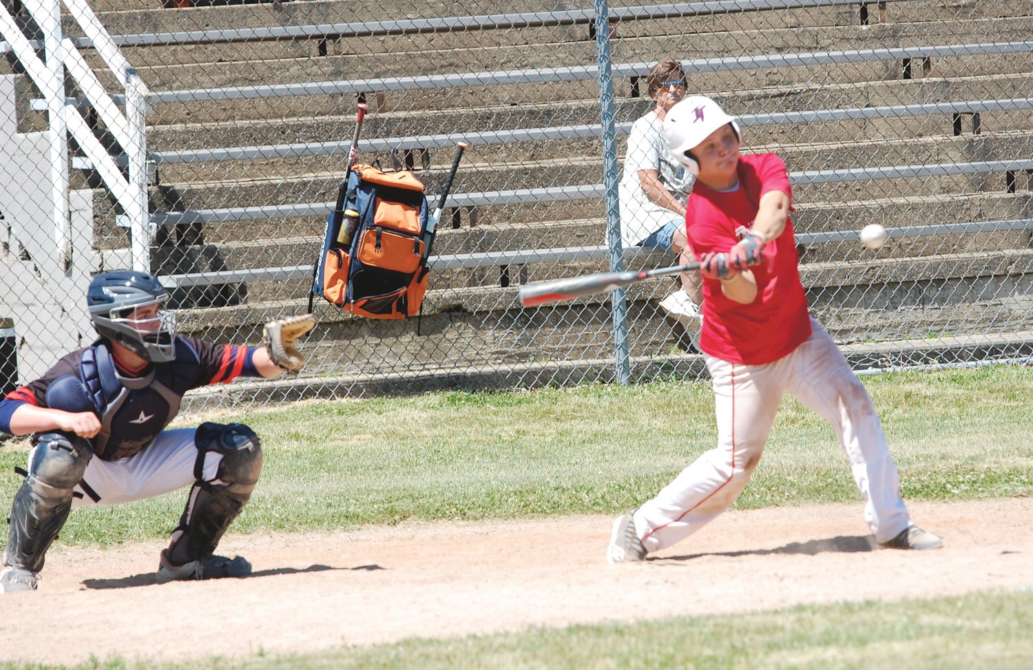 Austin Sulc connects on the game-winning hit for the Indiana Thunder 14U team against Harrison on Sunday afternoon at Baldwin Field.
