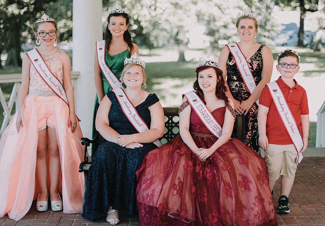 The Strawberry Festival Queen and Junior Royalty Program held a social distancing crowning ceremony in June 2020 for immediate family members at the Lane Place to crown the new royalty. Pictured, from left, are Shae Hreskowsky, Cassidy Bowlin, Morgan Meadows, Shyana Busse, Olivia Olin and Dexter Roark.
