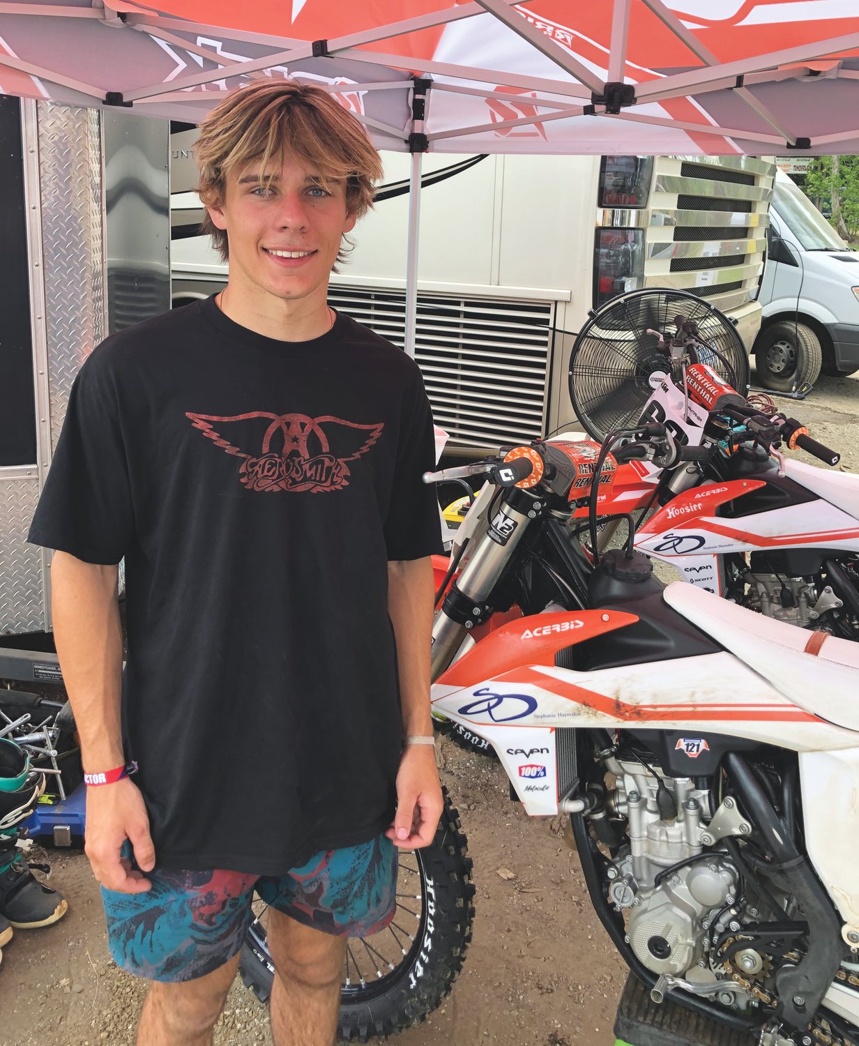 Sean Haymaker poses with his bike as MX racing returned to Ironman Raceway over the weekend.