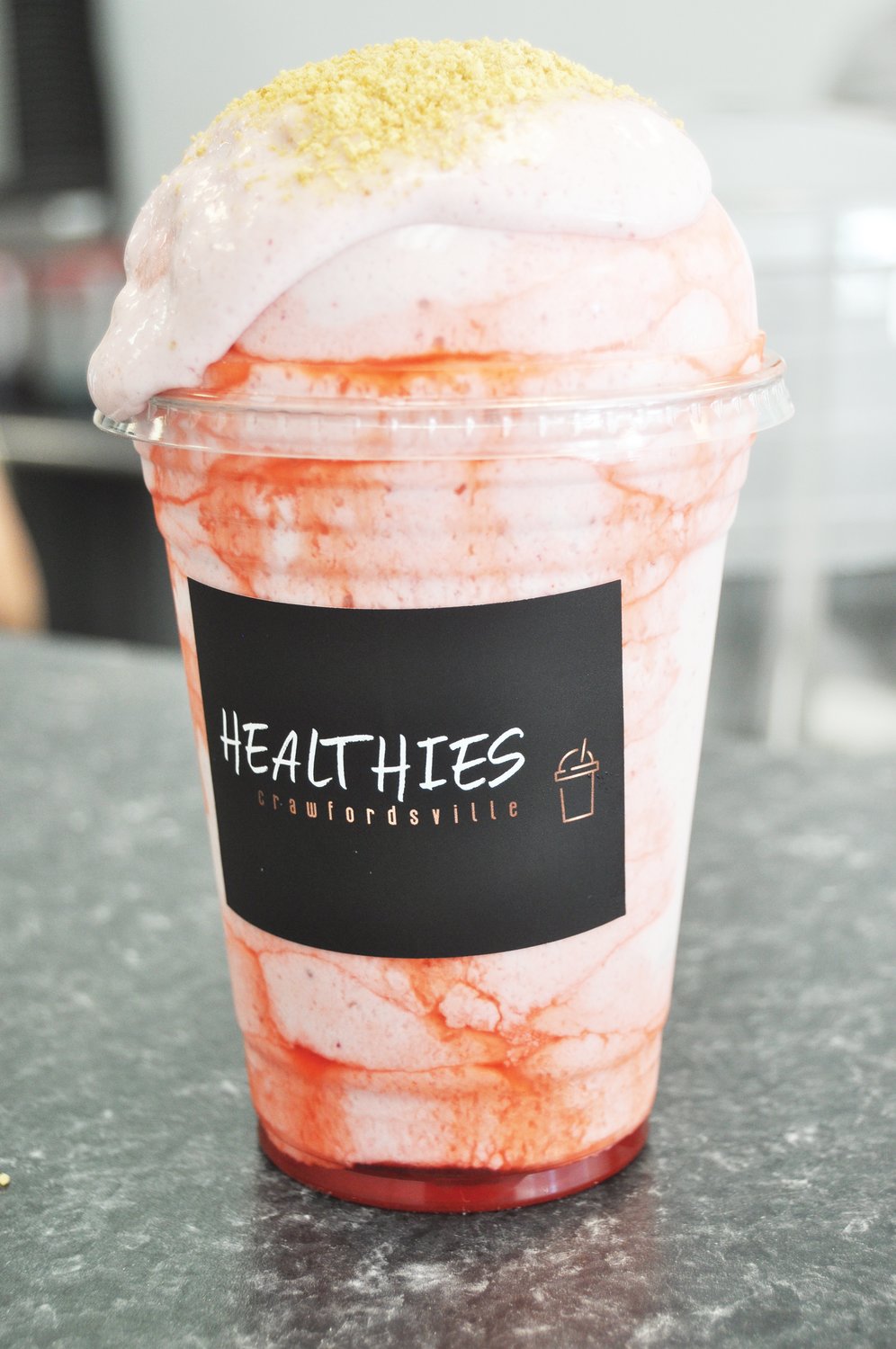A strawberry cheesecake smoothie is on the menu at Healthies-Crawfordsville, which opened downtown earlier this month.