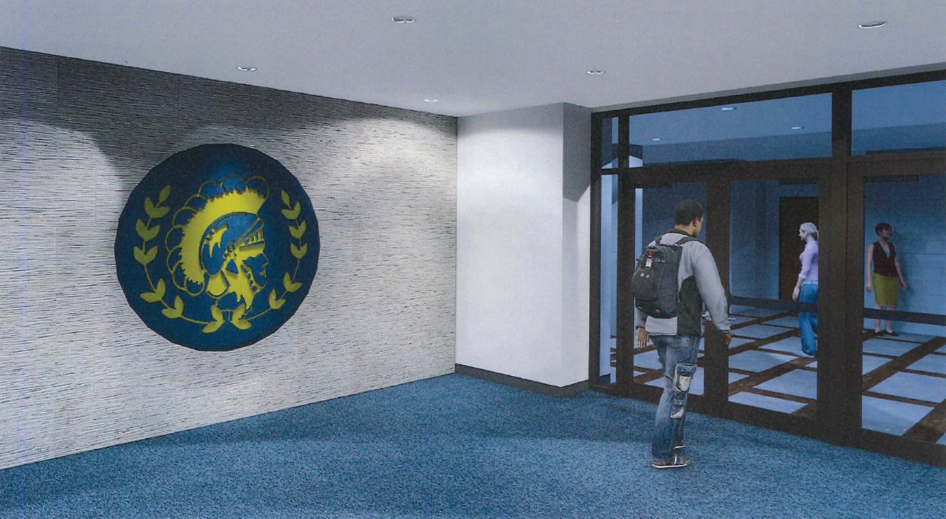 A rendition of a new entryway at Crawfordsville High School depicts students flowing through multiple levels of locked doors which will be controlled during school hours by adjacent office staff.