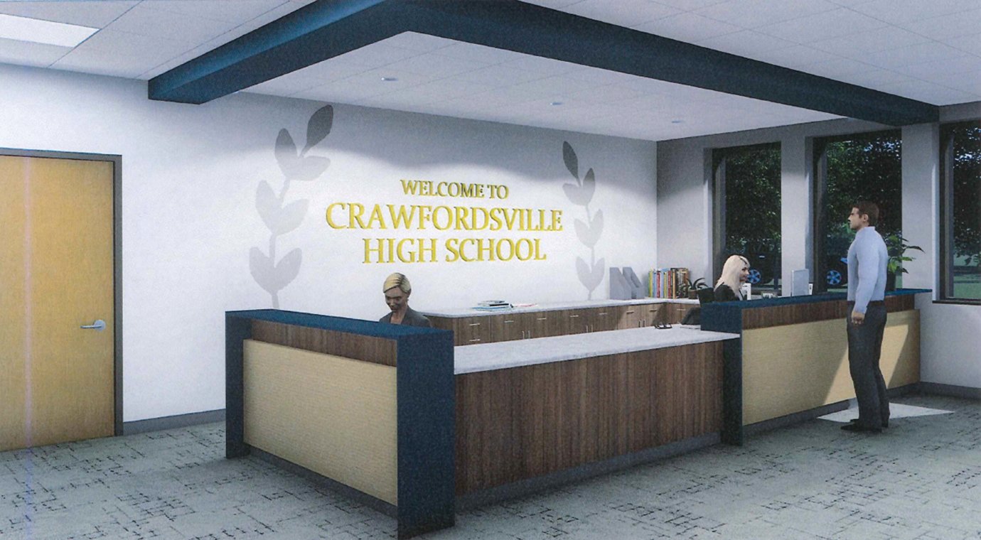 The front office at Crawfordsville High School will be moved from its current location to the new entrance at the southern side of the classroom section, as seen here through a rendition provided by the district.