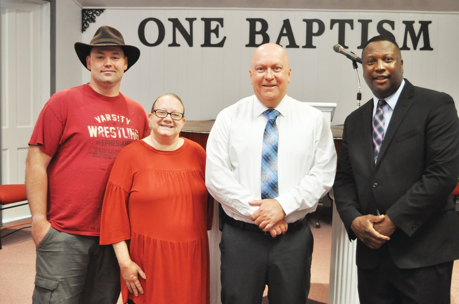Crawfordsville Mayor Todd Barton made a visit to One Way Pentecostal Apostolic Church on Tuesday. Standing with Barton, from left, is Chad Arthur, Tawenis Arthur and Pastor Steven Lee.