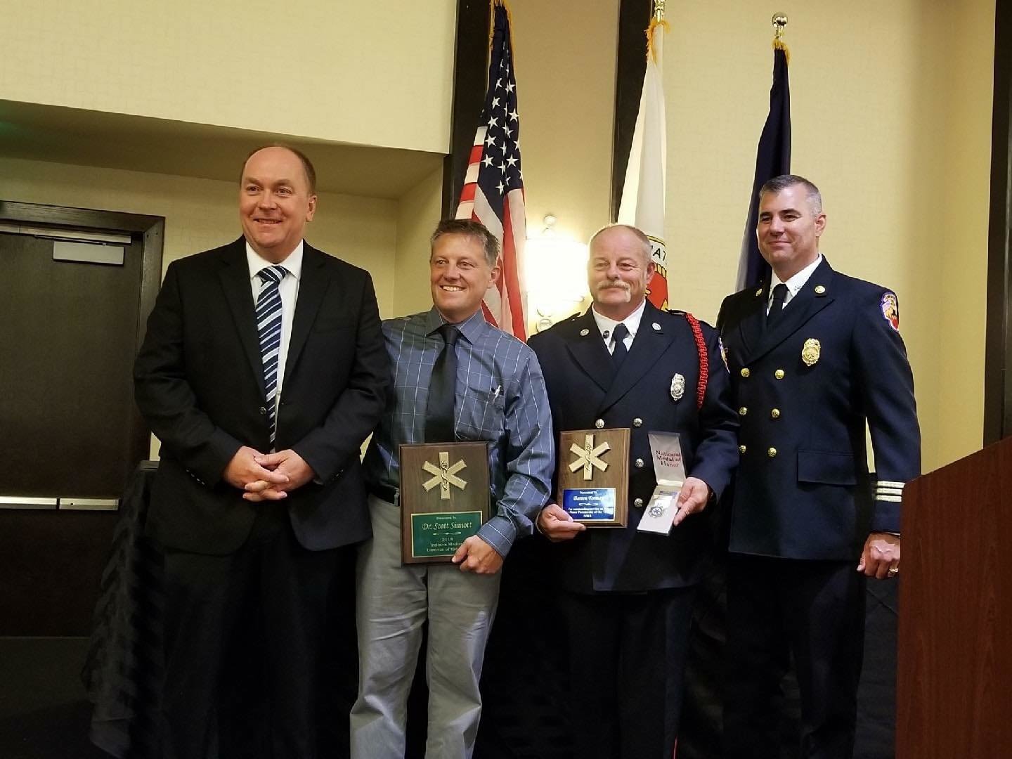 Pictured, from left, is Crawfordsville Mayor Todd Barton, Dr. Scott Sinnott with the Franciscan Physician Network, Darren Forman and Crawfordsville Fire Department Division Chief of EMS Paul Miller. The photo was taken when Forman was named 2019 Paramedic Hero of the Year by the Indiana Department of Homeland Security and Indiana Fire Chief’s Association.