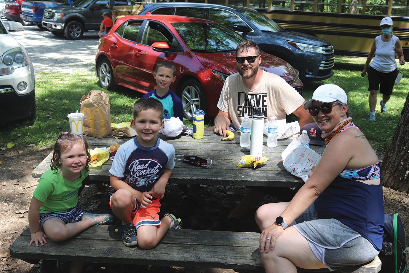 The Devylder family of Westfield enjoy lunch after joining the Friends of Sugar Creek “Kids Canoes and Crinoids” event Saturday. They include, from left, Greer, Maverick, Jameson, Josh and Summer.