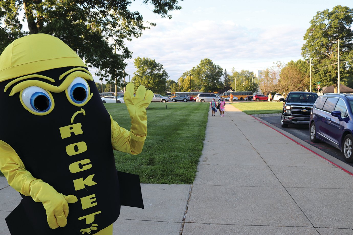The New Market Elementary mascot greets incoming students on their first day of the 2020-21 school year.