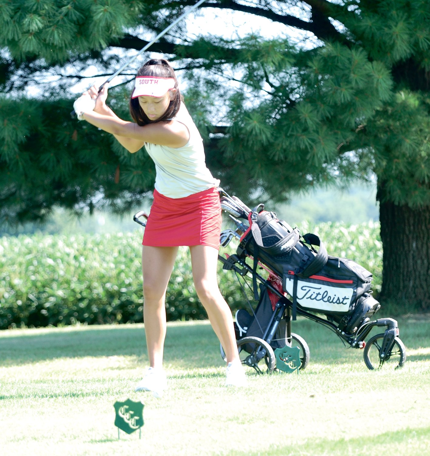 Southmont's Hannah Long approaches her tee shot on No. 16 at the Crawfordsville Country Club on Saturday at the Southmont Invitational. The freshman fired a 127 for the Mounties.