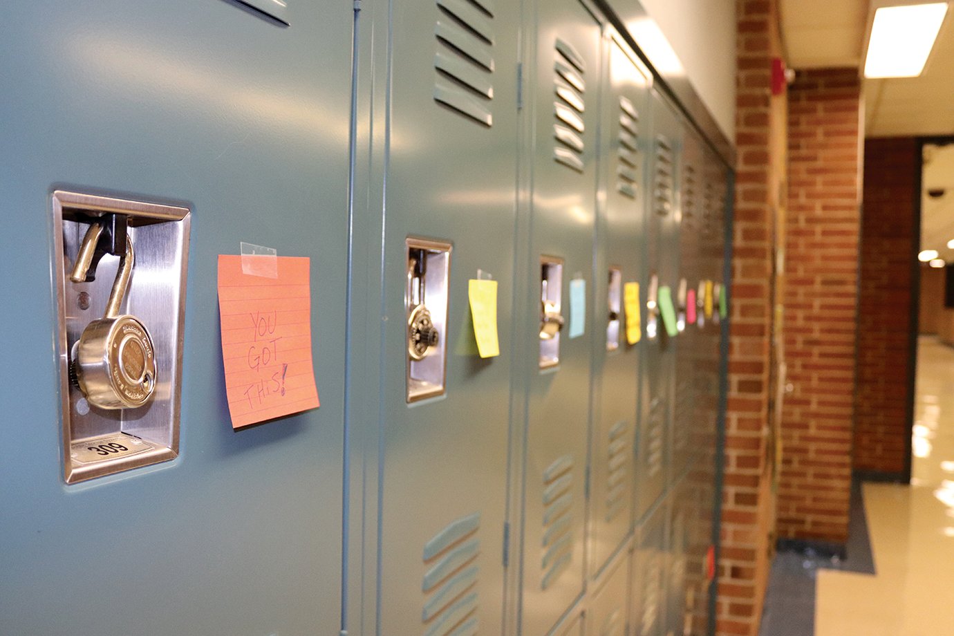 Lockers at Fountain Central Jr.-Sr. High School await students Wednesday, complete with messages of inspiration.