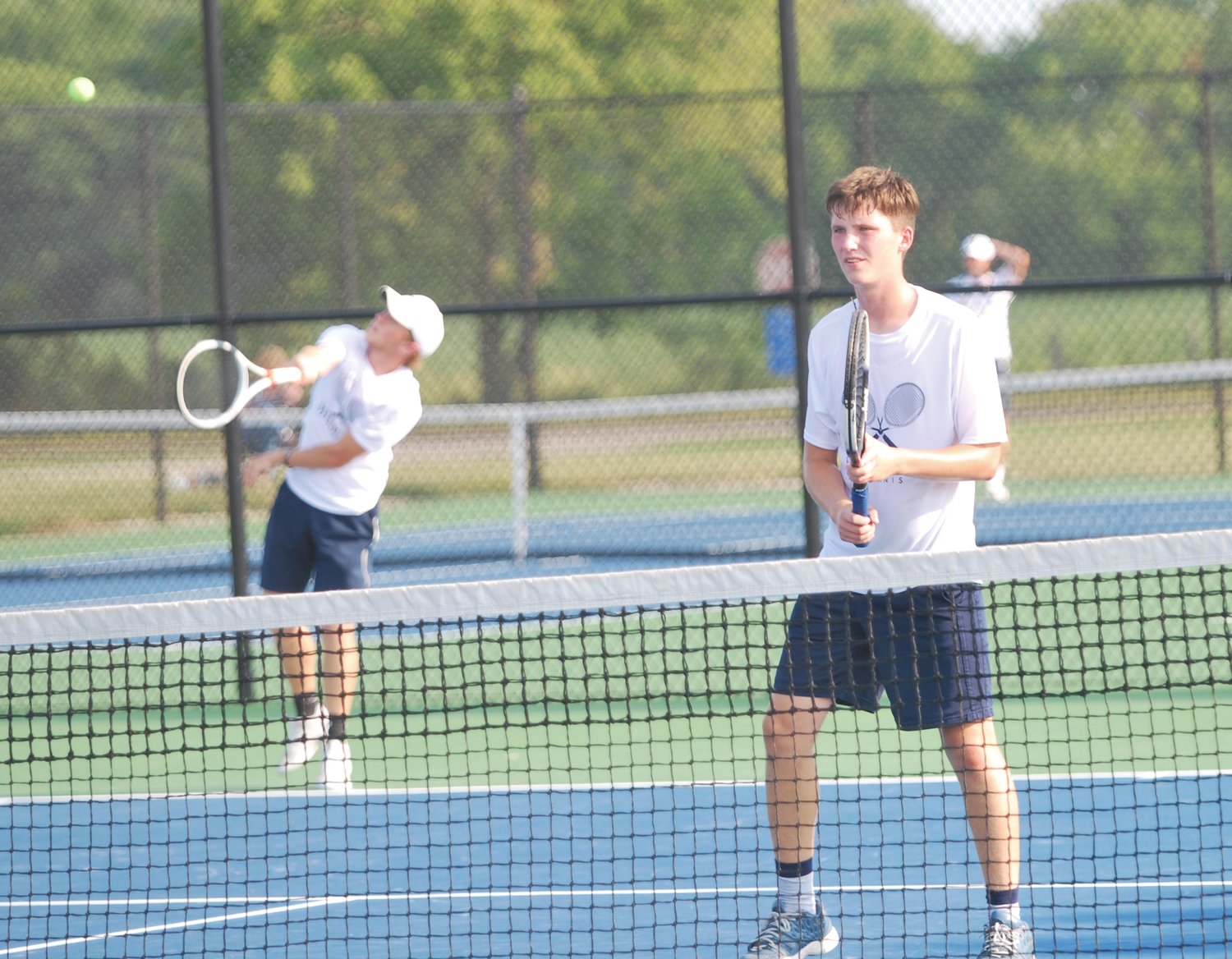 The duo of Brent Myers, left, and Sawyer Keeling, right, stormed back at No. 2 doubles for Fountain Central to defeat Southmont's Chayce Howell and Harrison Haddock 6-7(4), 6-2, 7-5.